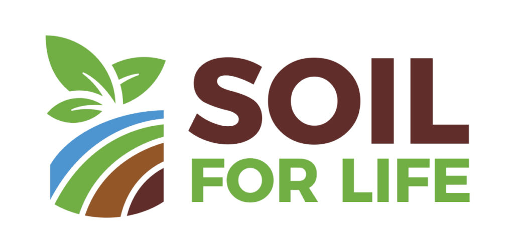 Soil for Life logo. Horizontal stripes of blue, green, brown, and dark brown with Green leaves ontop
