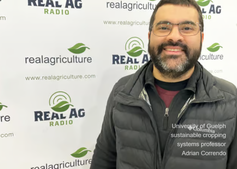 Dr. Adrian Correndo in front of Real Agriculture backdrop